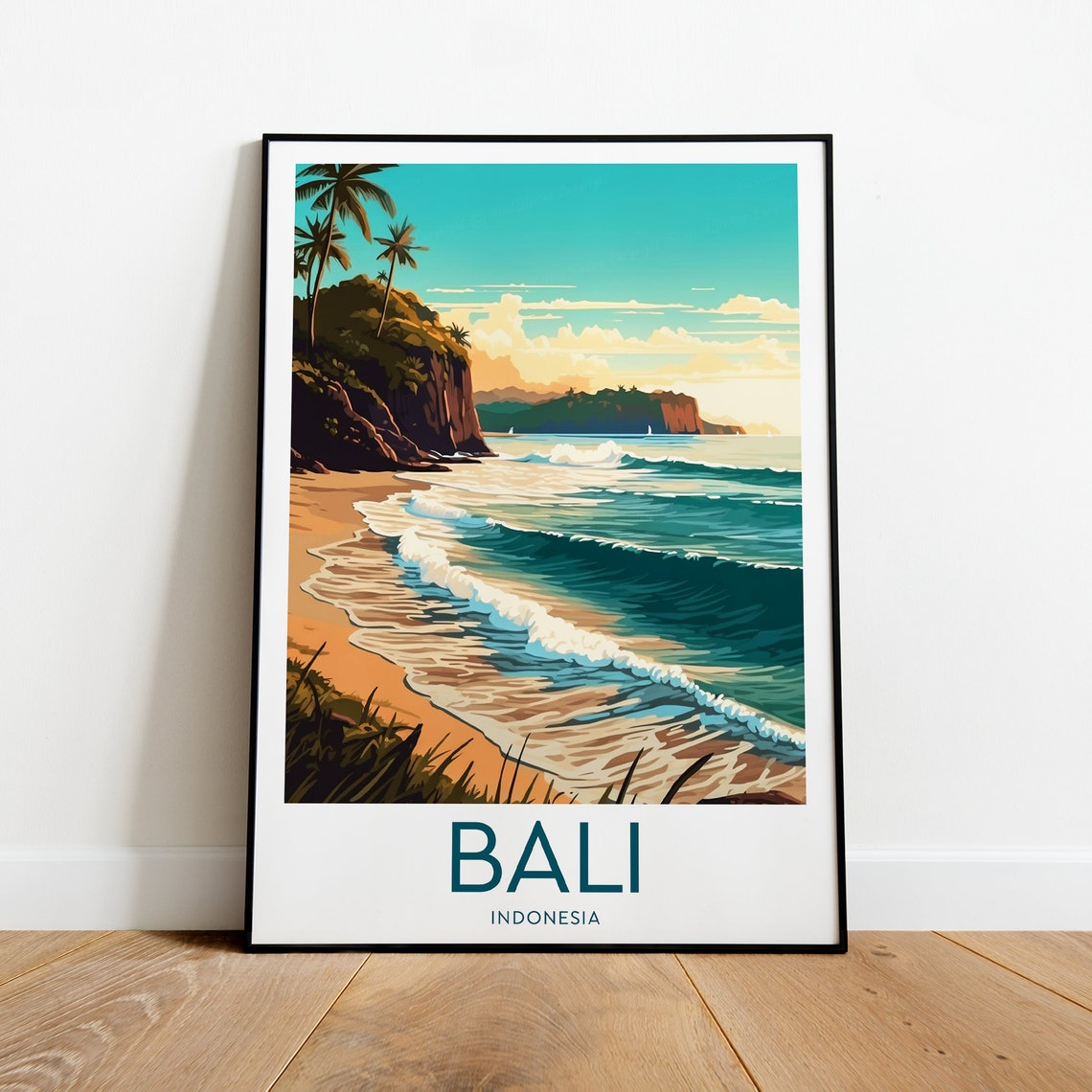 Bali Indonesia Tropical Beach Palm Trees Surf Waves Travel Poster