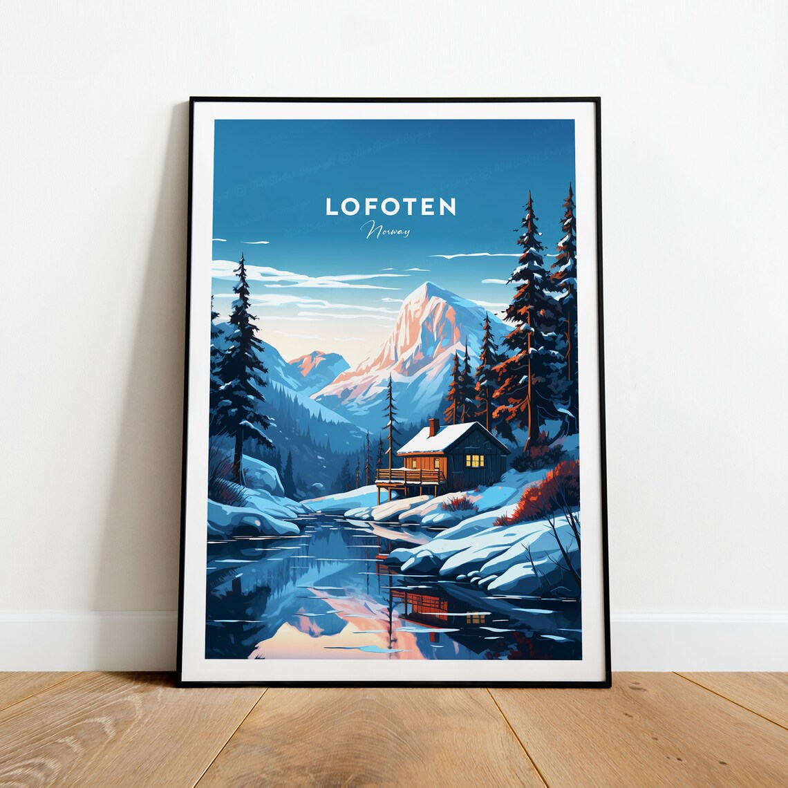 Lofoten Norway Winter Cabin Snowy Mountain Fjord Travel Poster