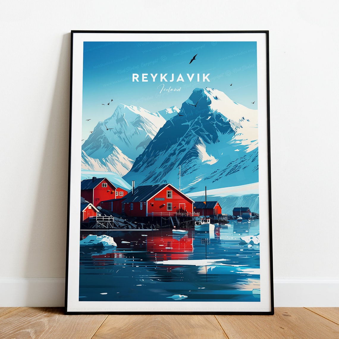 Reykjavik Iceland Snowy Peaks Red Cabins Harbor Scene Poster