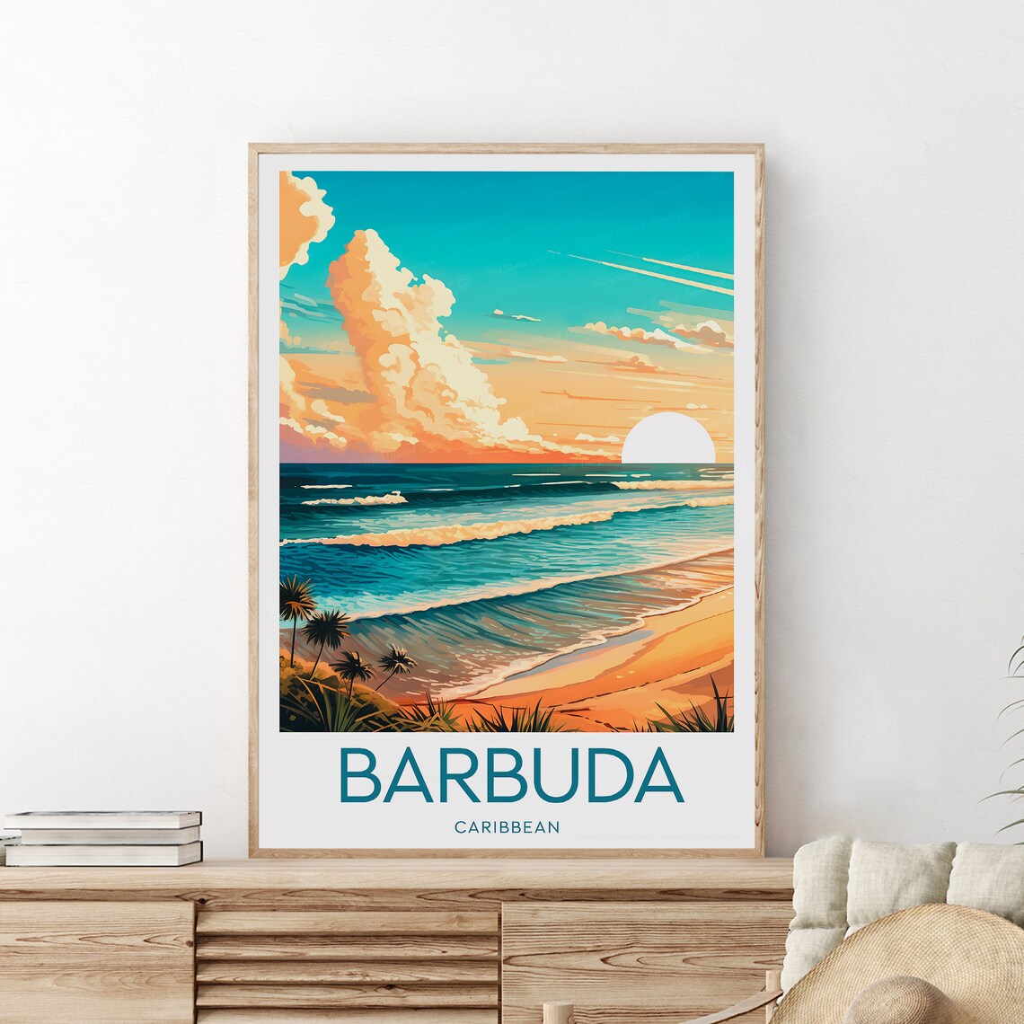 Barbuda Caribbean Golden Sunset Waves Beach Getaway Travel Poster - Image 2