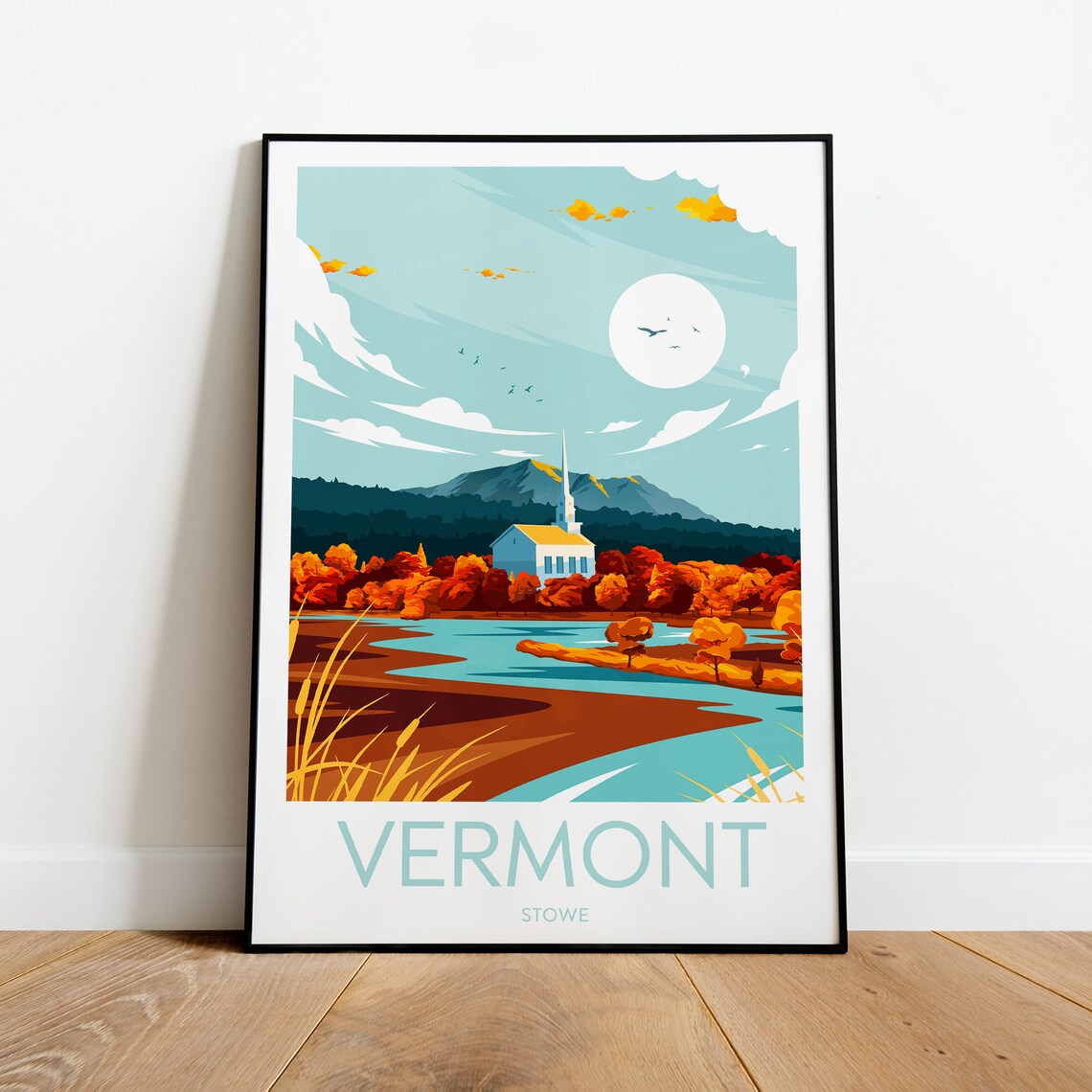 Vermont Stowe Fall Foliage Church River Landscape Travel Poster
