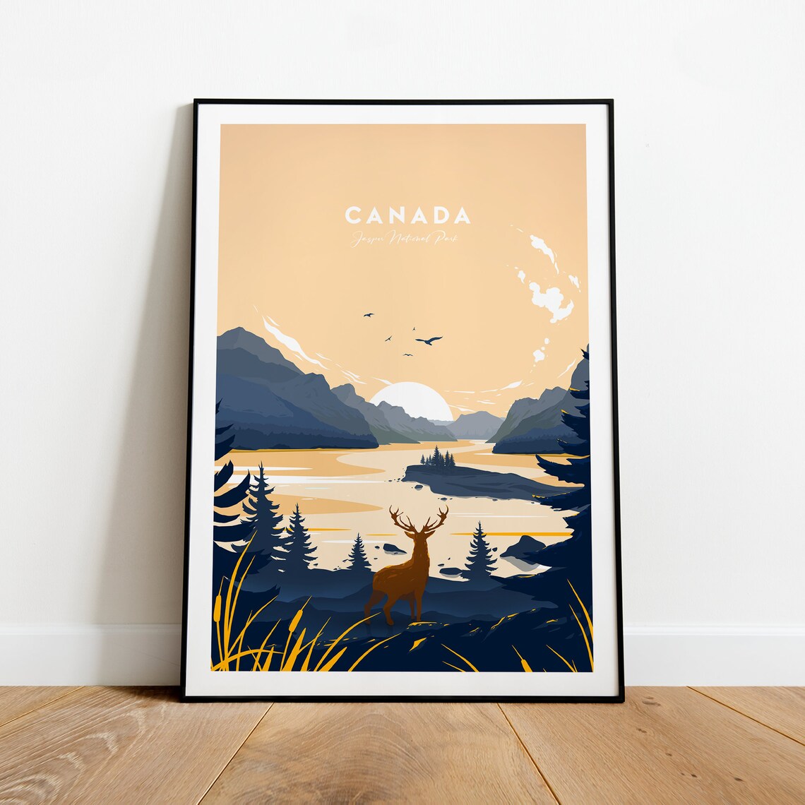 Canada Jasper National Park Stag Lake Mountain Sunset Travel Poster