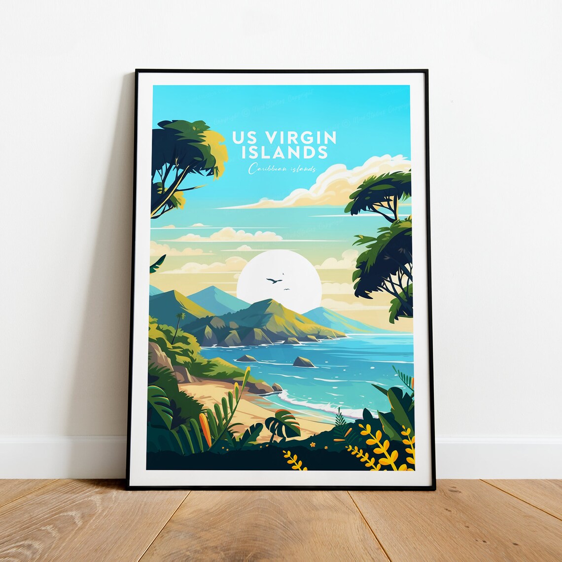 US Virgin Islands Caribbean Beach Palm Fringed Cove Travel Poster