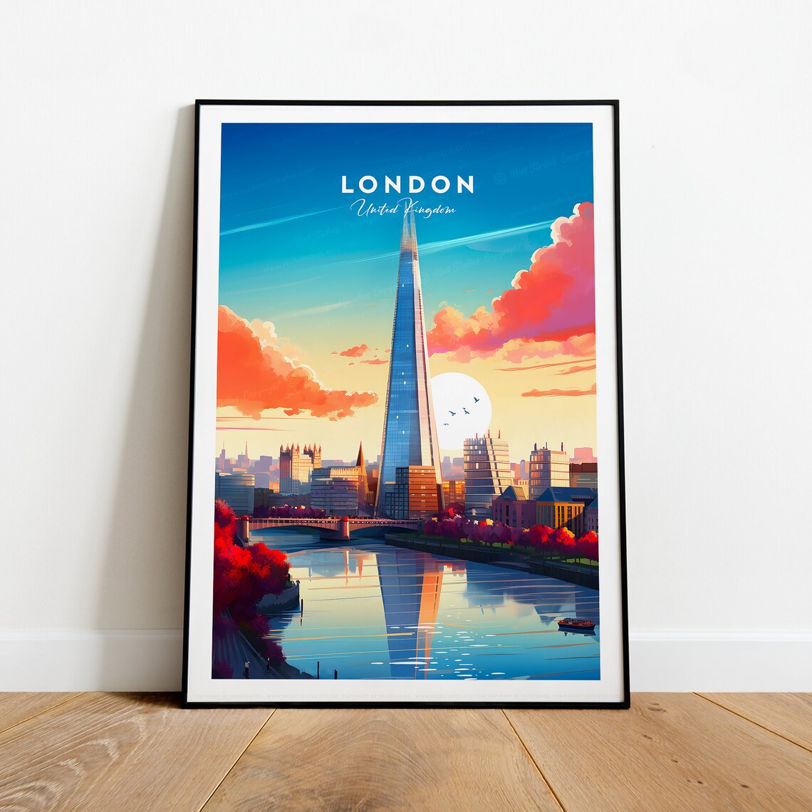 London Shard Skyline Sunset Thames River City View Travel Poster