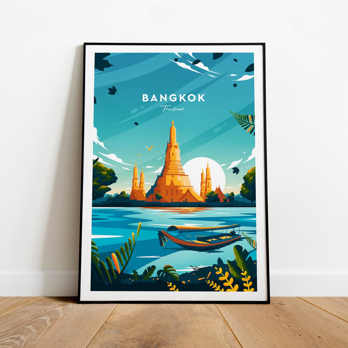 Bangkok Thailand Wat Arun Temple River Boat Travel Poster Thai Art