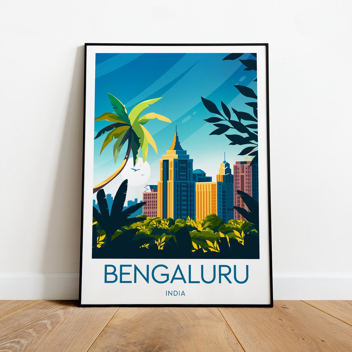 Bengaluru India City Skyline Palm Trees Modern Travel Poster - Image 2