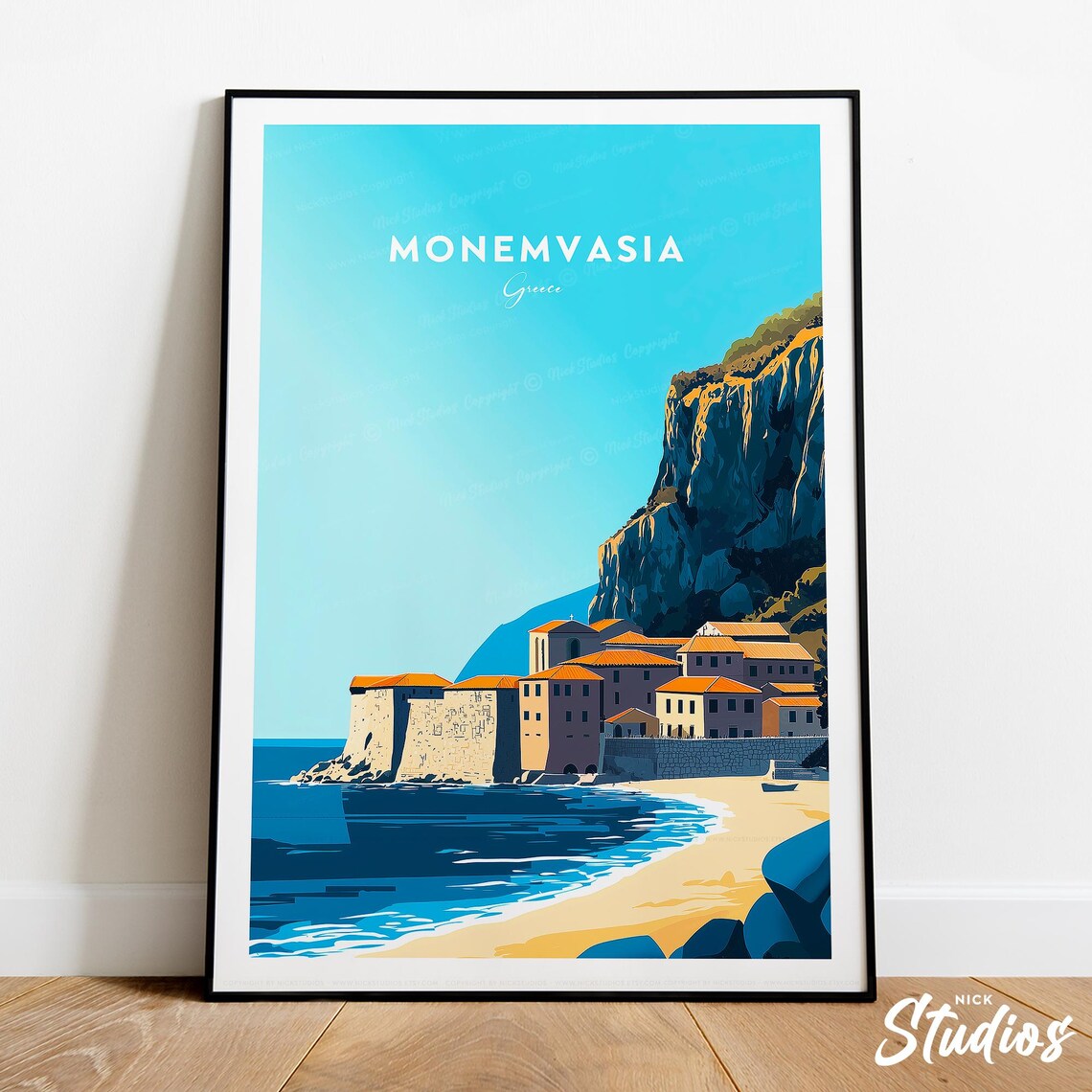 Monemvasia Greece Seaside Fortress Retro Greek Island Travel Poster
