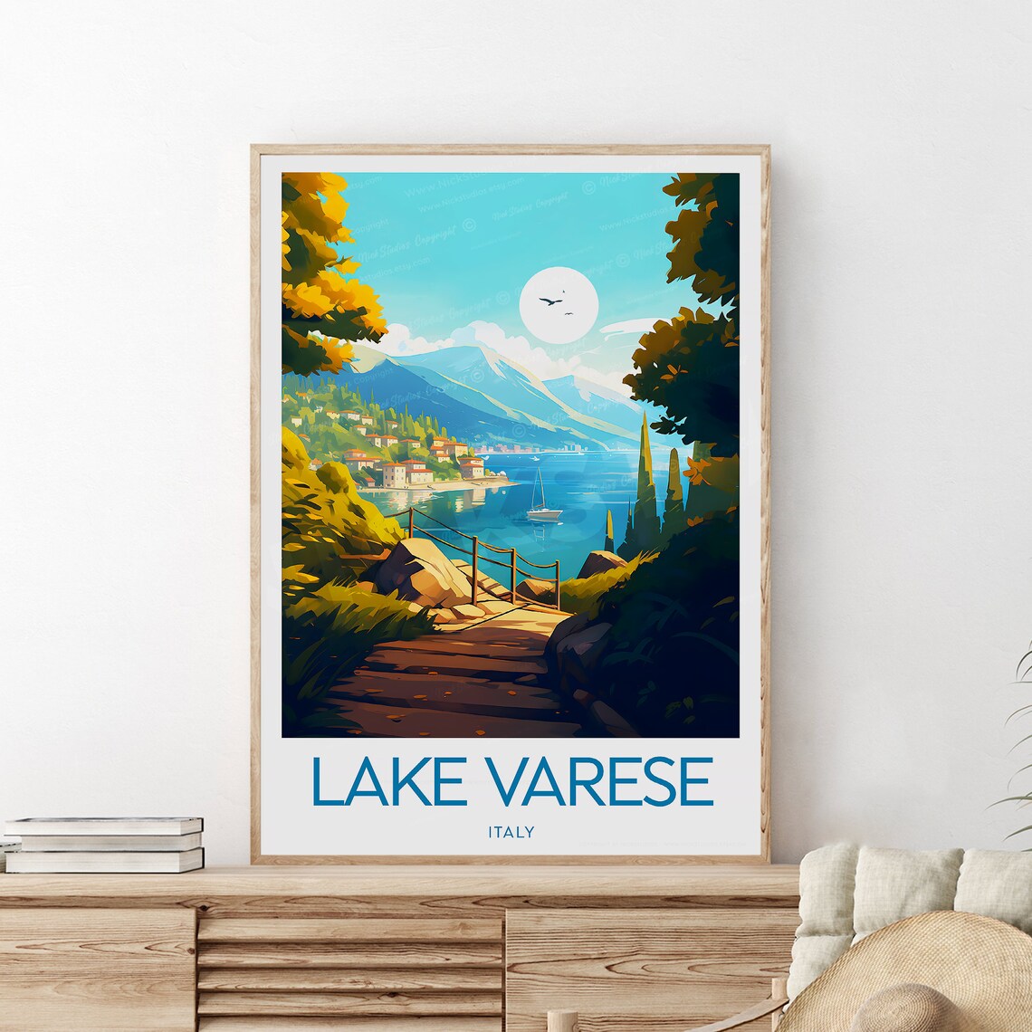 Lake Varese Italy Lakeside Village Mountain View Vista Poster