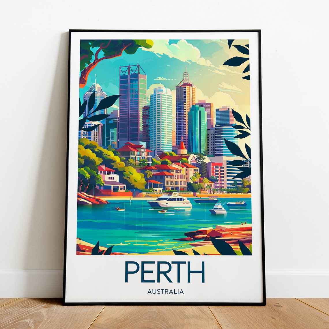 Perth Australia Swan River Skyline Yacht Harbour Travel Poster