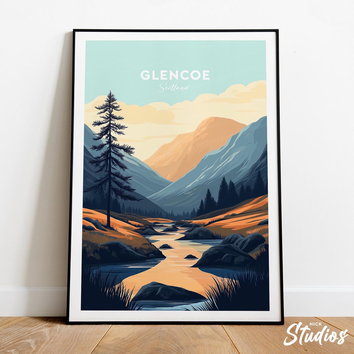 Glencoe Scotland Mountain River Highland Valley Vintage Print