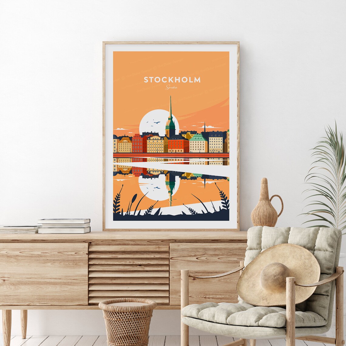Stockholm Sweden Sunset Harbor Reflection Vintage Travel Poster - Image 2