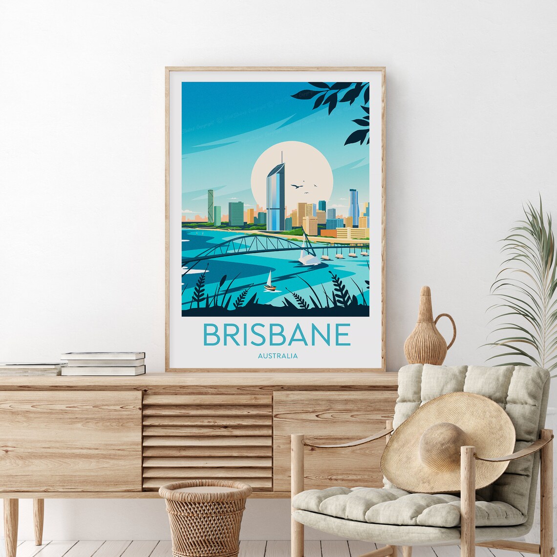 Brisbane River Story Bridge Skyline Sailboats Moonrise Poster - Image 2