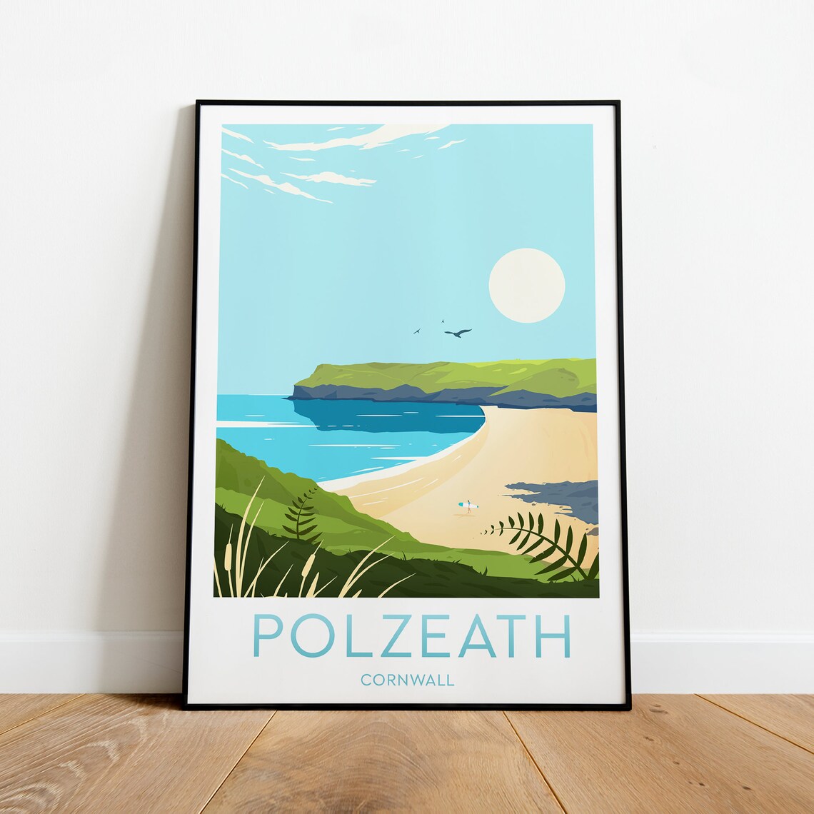 Polzeath Cornwall Beach Cove Surf Coastal Landscape Travel Poster