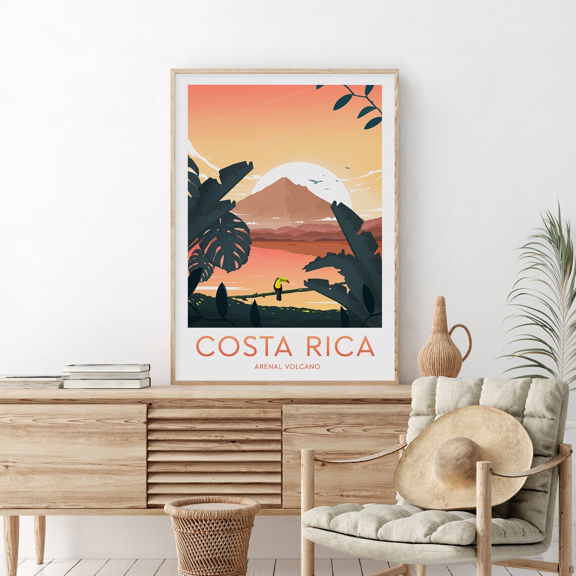 Costa Rica Arenal Volcano Sunset Toucan Jungle Travel Poster