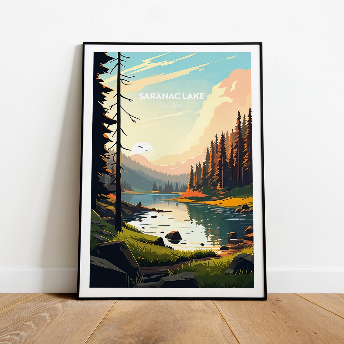 Saranac Lake New York Sunset Pine Forest Lakeside Travel Poster