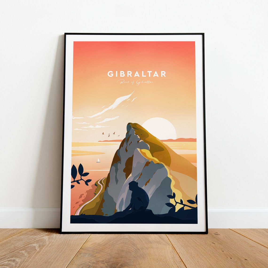Gibraltar Rock Sunset With Barbary Monkey Silhouette Travel Poster