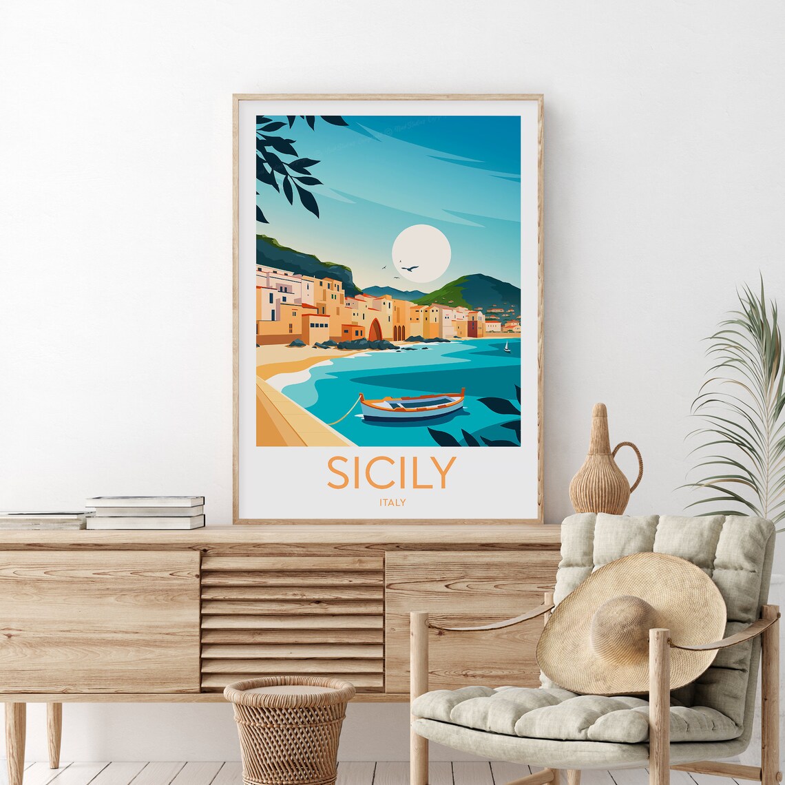 Sicily Italy Coastal Town Harbor Fishing Boat Sunset Travel Poster