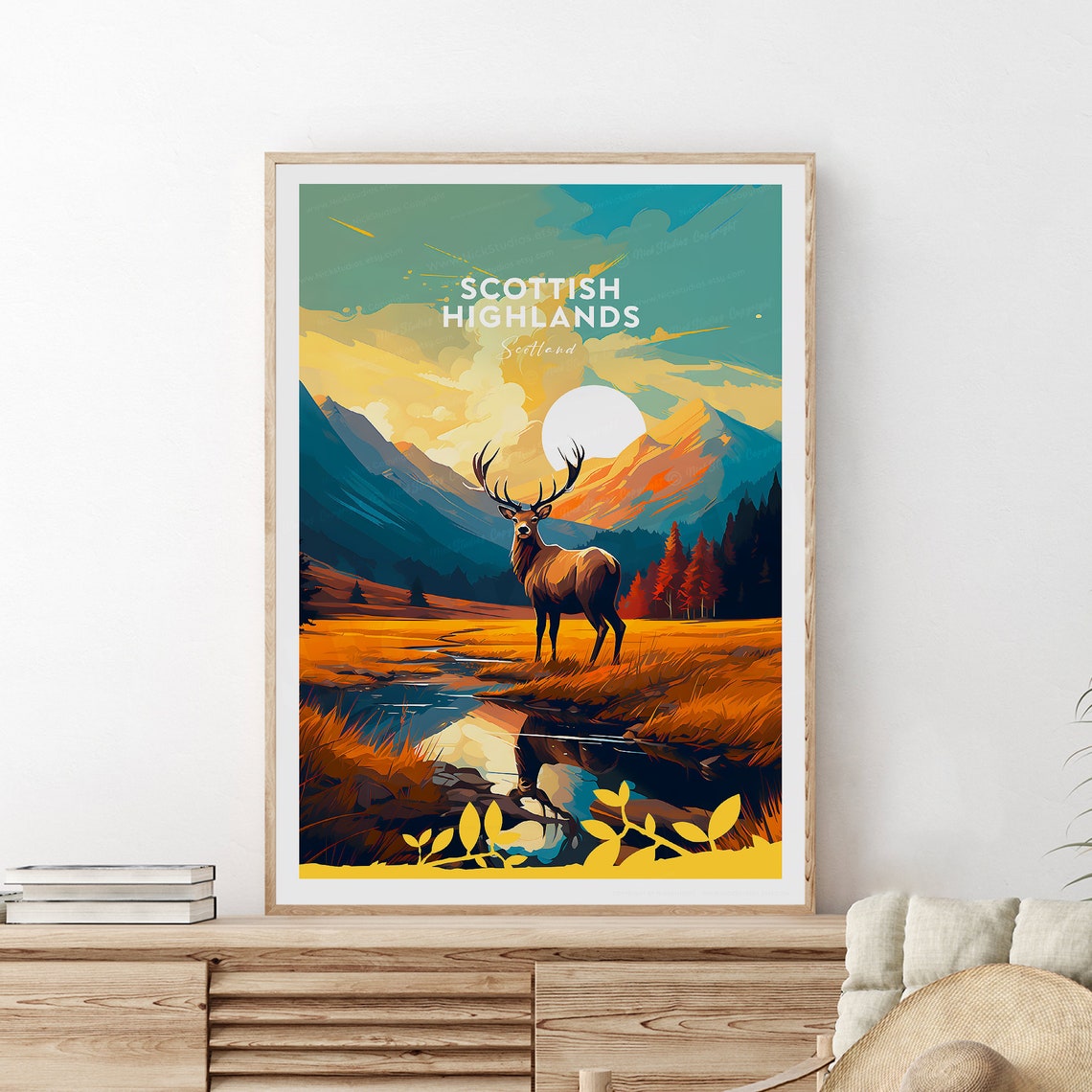 Scottish Highlands Red Deer Mountain Stream Golden Hour Poster