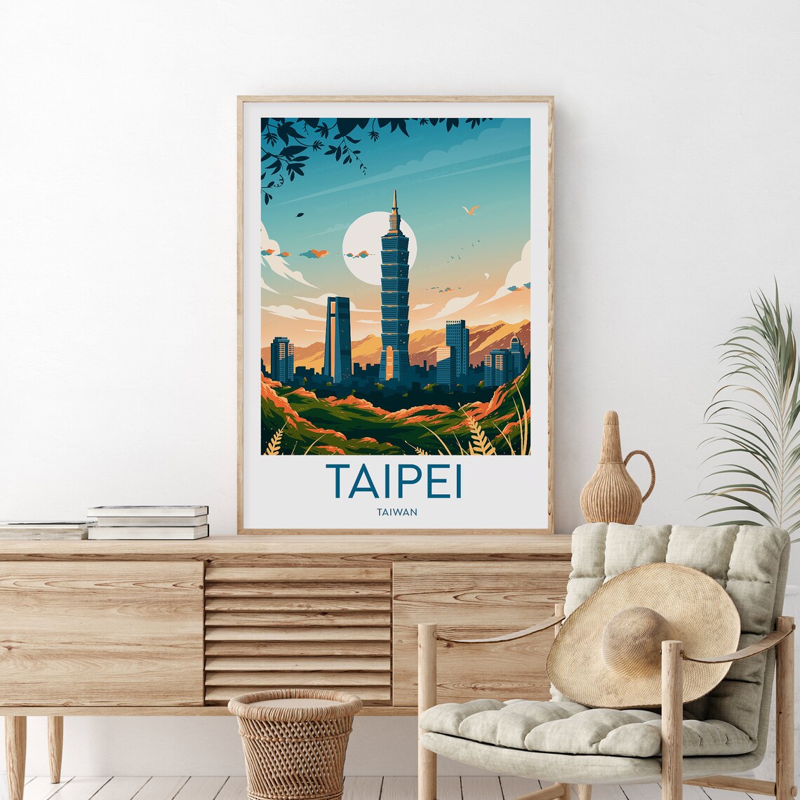 Taipei Taiwan 101 Tower Sunset Skyline Retro City Travel Poster