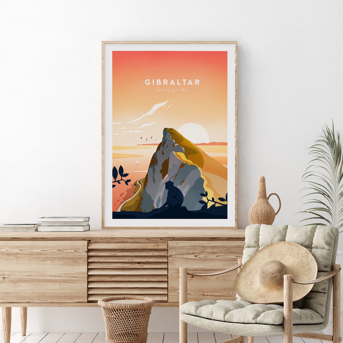 Gibraltar Rock Sunset With Barbary Monkey Silhouette Travel Poster - Image 2