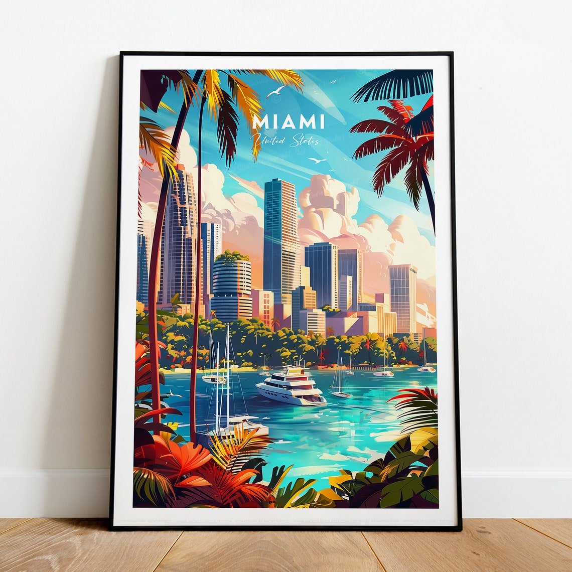 Miami Skyline Yachts Palm Trees Biscayne Bay Tropical Poster