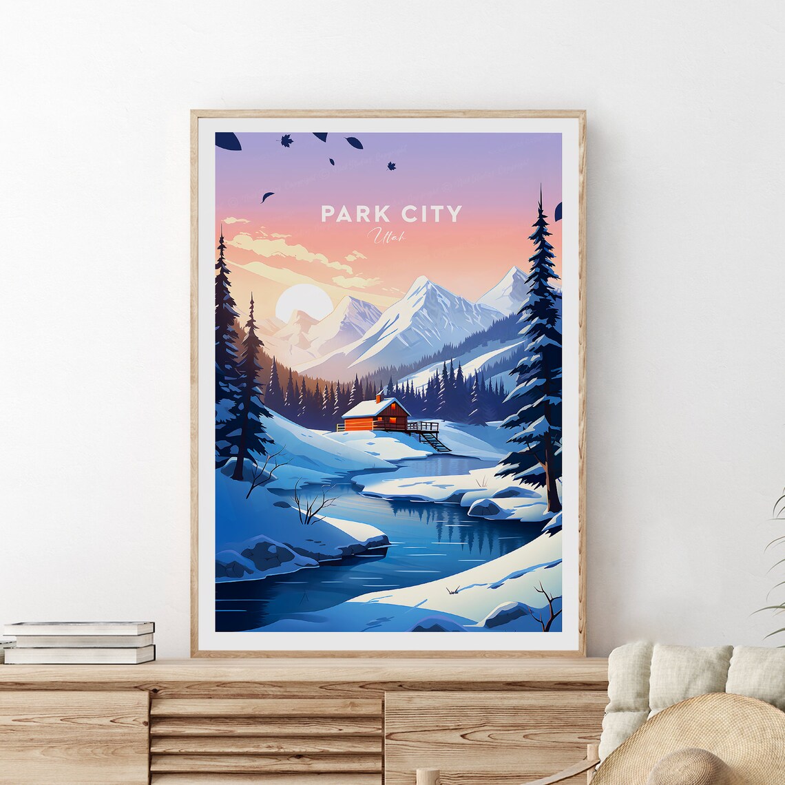 Park City Utah Snowy Mountain Cabin Frozen River Sunset Poster