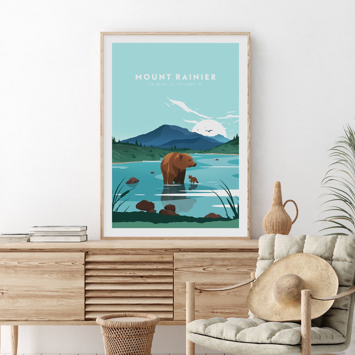 Mount Rainier Washington Bear and Cub Wading a Glacial Lake Poster