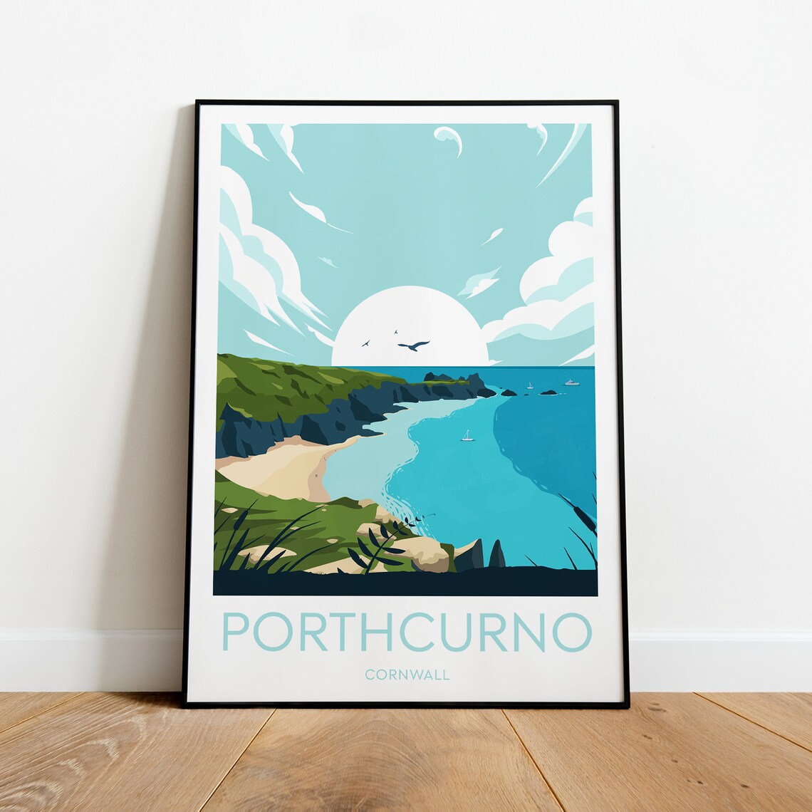 Porthcurno Cornwall Cliffside Beach Golden Sunset Travel Poster