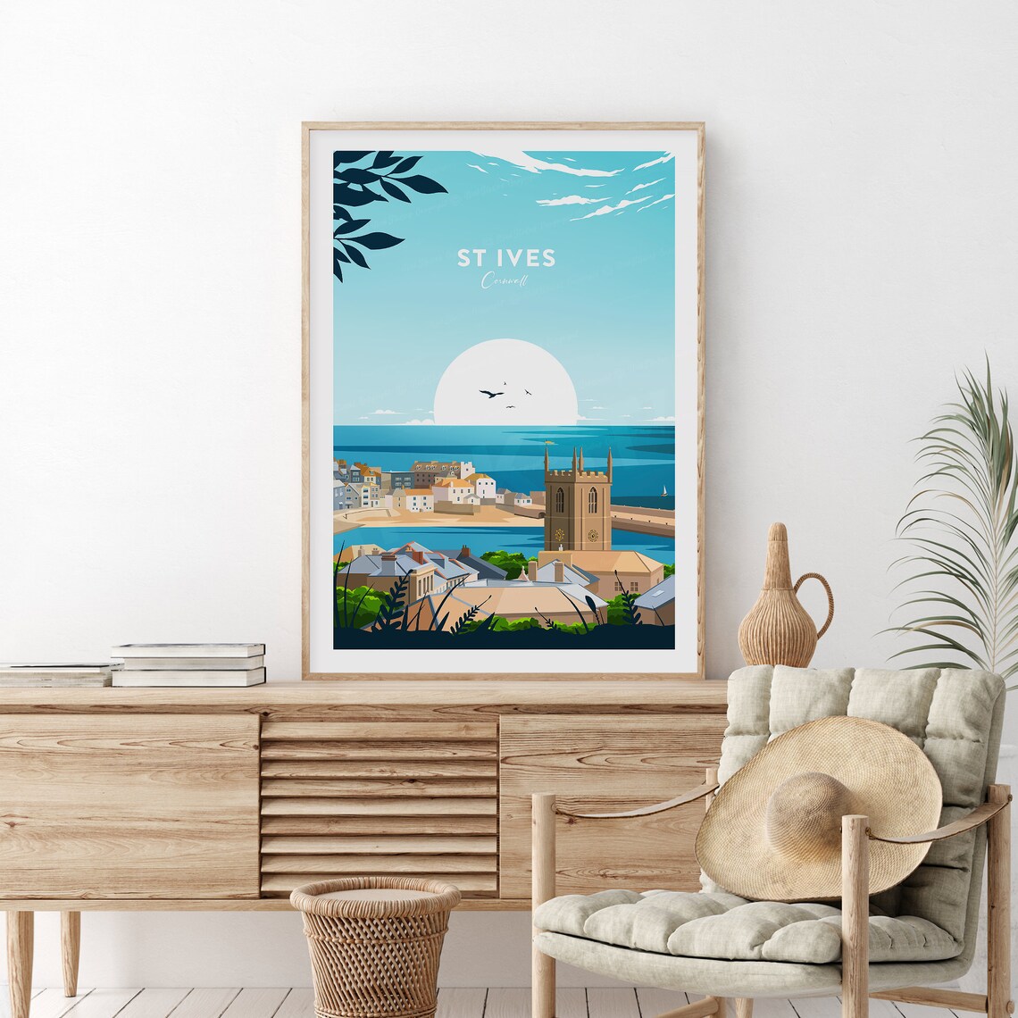 St Ives Cornwall Harbor Church Tower Seaside Town Travel Poster