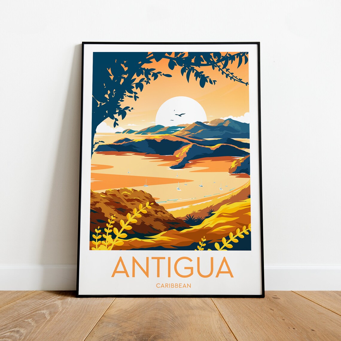 Antigua Caribbean Golden Sunset Bay Sailboats Hills Travel Poster - Image 2
