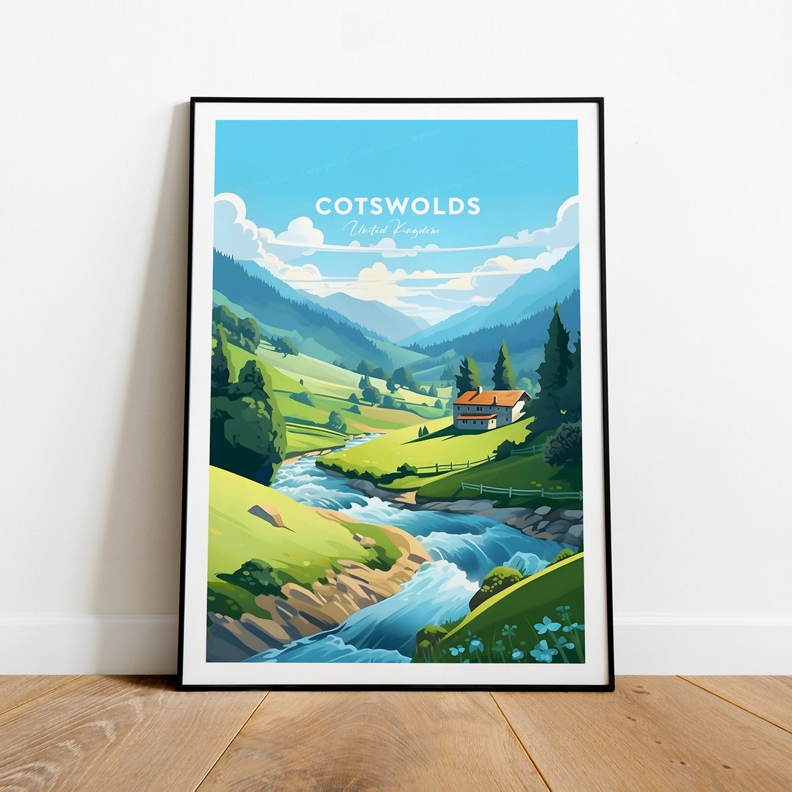 Cotswolds England Green Valley River Cottage Traditional Travel Poster - Image 2