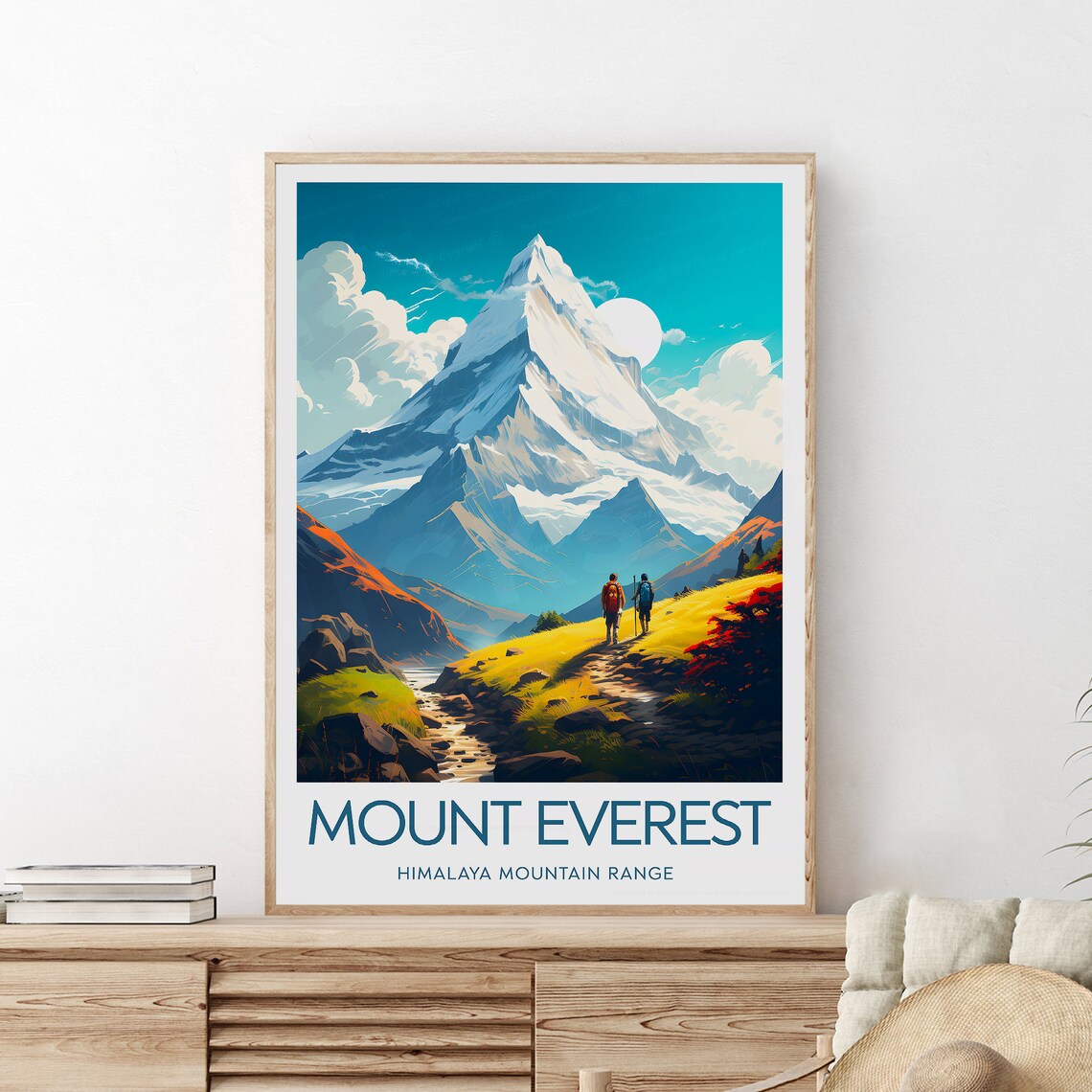 Mount Everest Himalaya Trekkers Snowy Summit Mountain Travel Poster