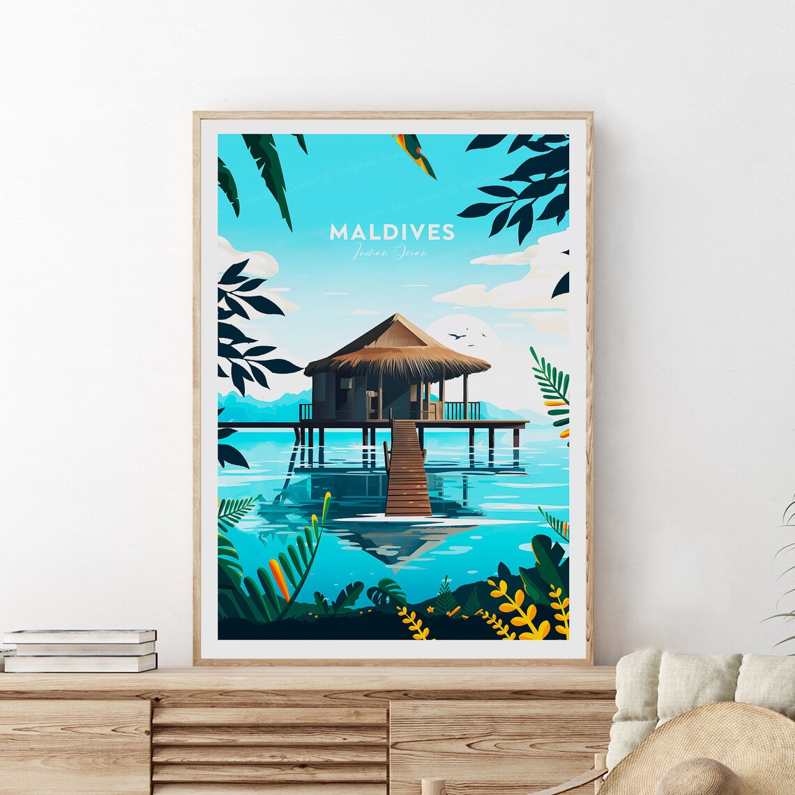 Maldives Indian Ocean Overwater Bungalow Lagoon Travel Poster
