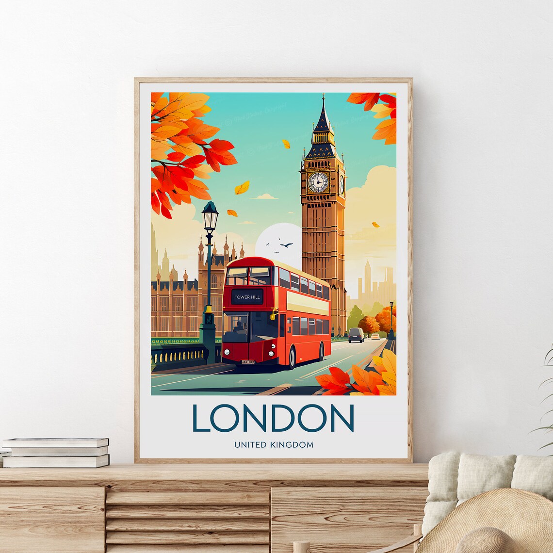 London Big Ben Red Bus Autumn Leaves Westminster Bridge Poster - Image 2