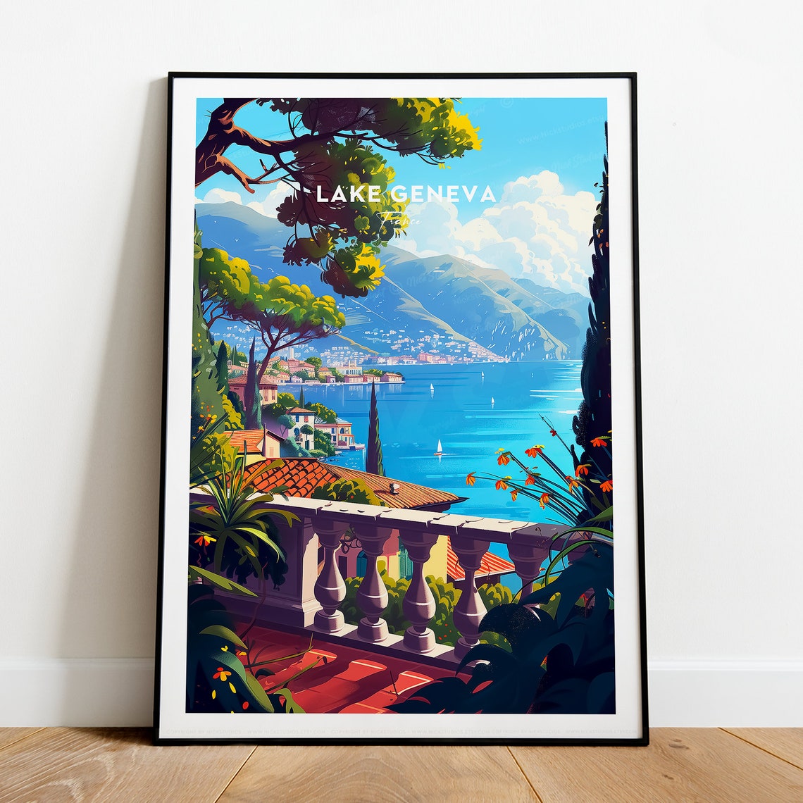 Lake Geneva Traditional Travel Print France Lake Geneva Poster Lake Geneva Art Wedding Gift Birthday