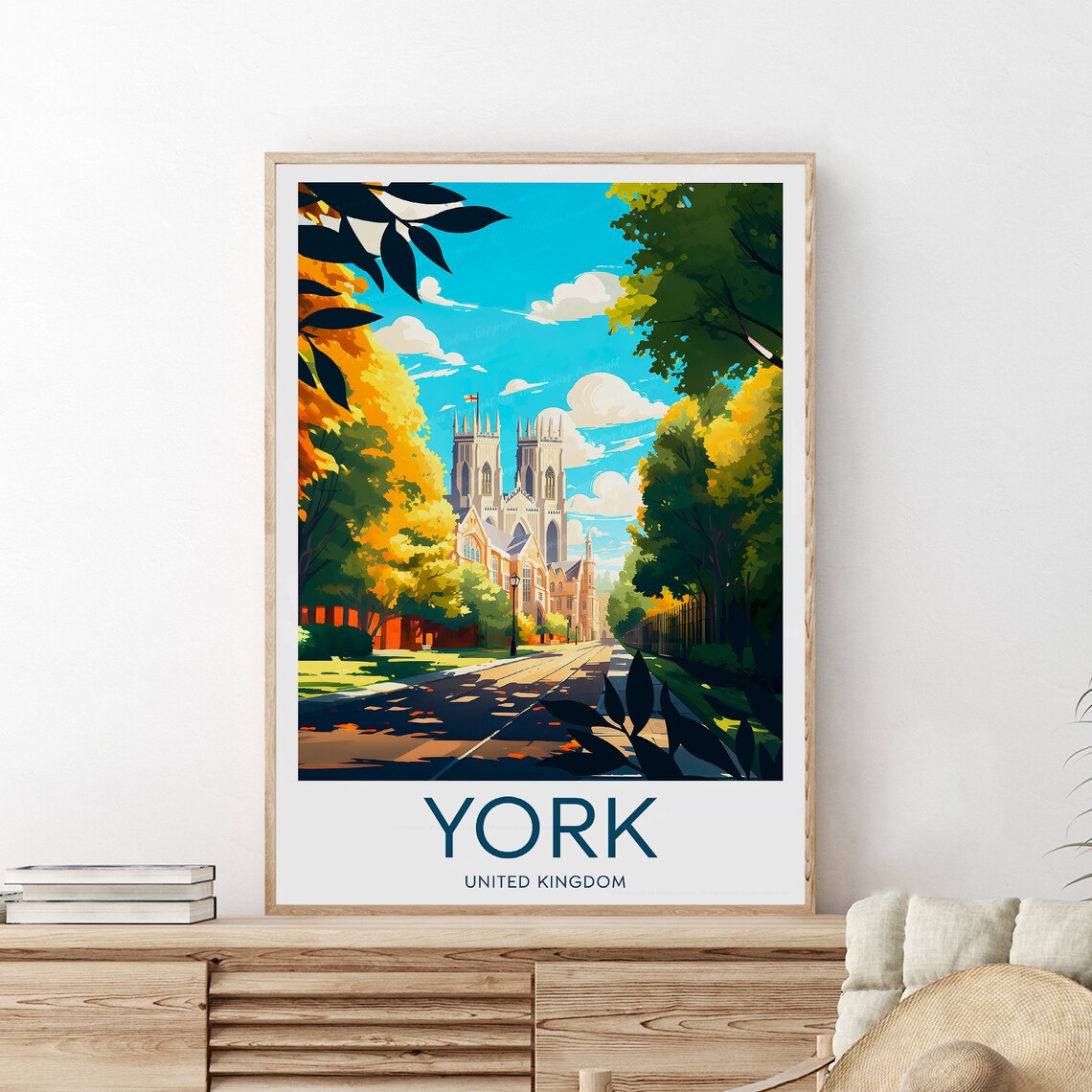 York Minster Through Golden Autumn Trees Illustrated Travel Poster