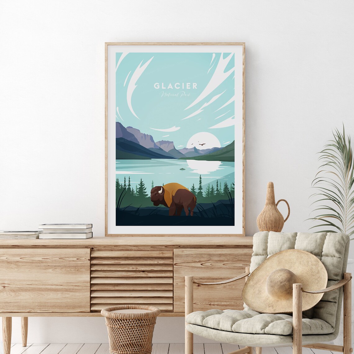 Glacier National Park Bison Lake Mountain Wilderness Travel Poster - Image 2