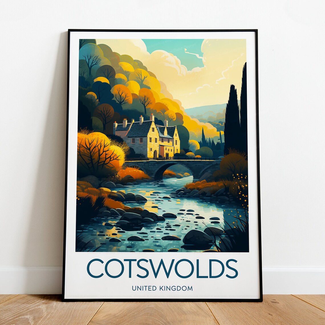 Cotswolds England Autumn Stone Cottage River Bridge Travel Poster