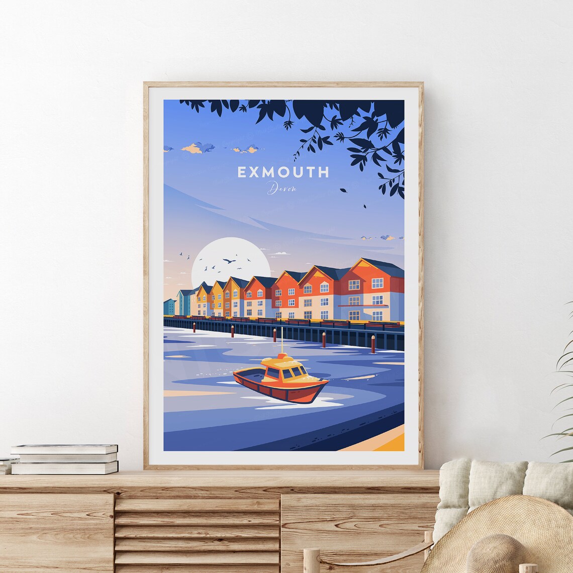 Exmouth Devon Harbor Dusk Colorful Waterfront Buildings Travel Poster