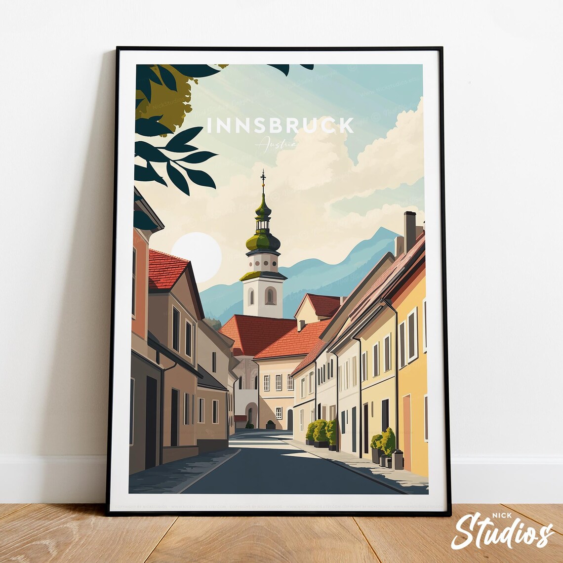 Innsbruck Austria Historic Street Church Tower Retro Travel Print