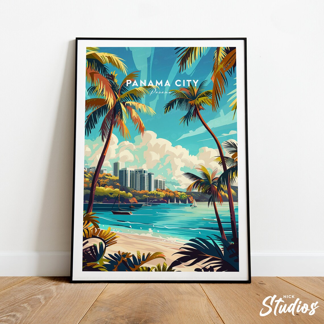 Panama City Panama Retro Beach With Palms Classic Traditional Travel Poster