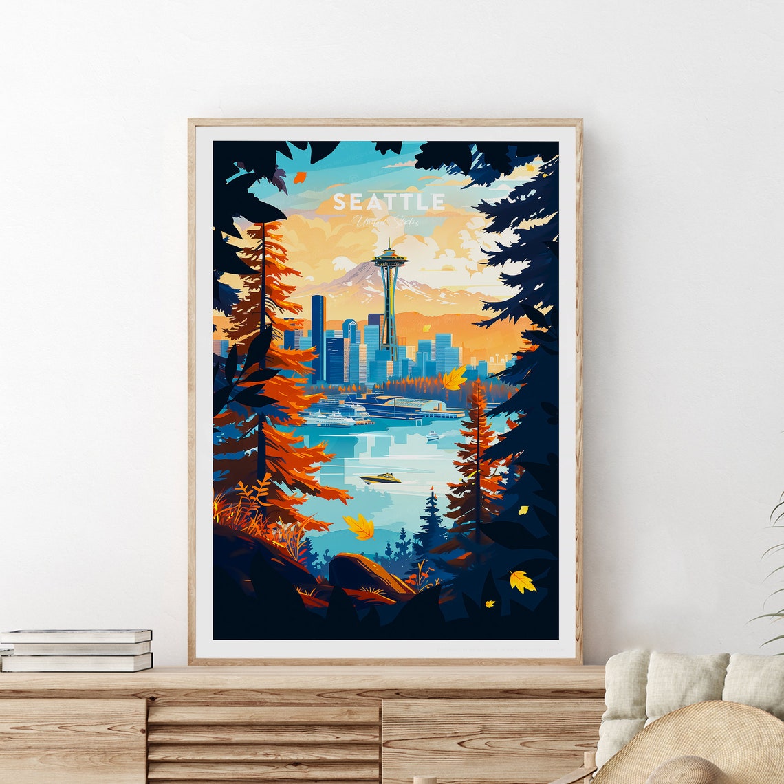 Seattle Washington Space Needle Skyline Framed By Autumn Trees Poster