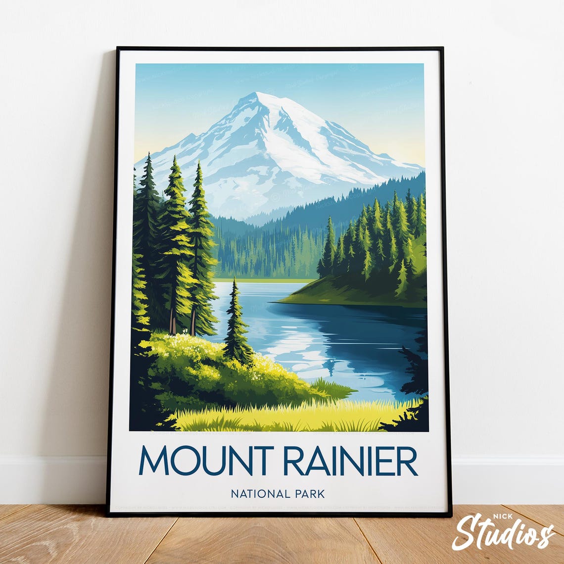 Mount Rainier National Park Snow Peak Over Pine Lake Retro Poster