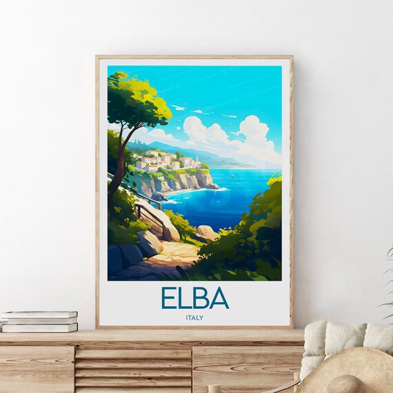 Elba Italy Cliffside Village Sunny Mediterranean Coast Travel Poster