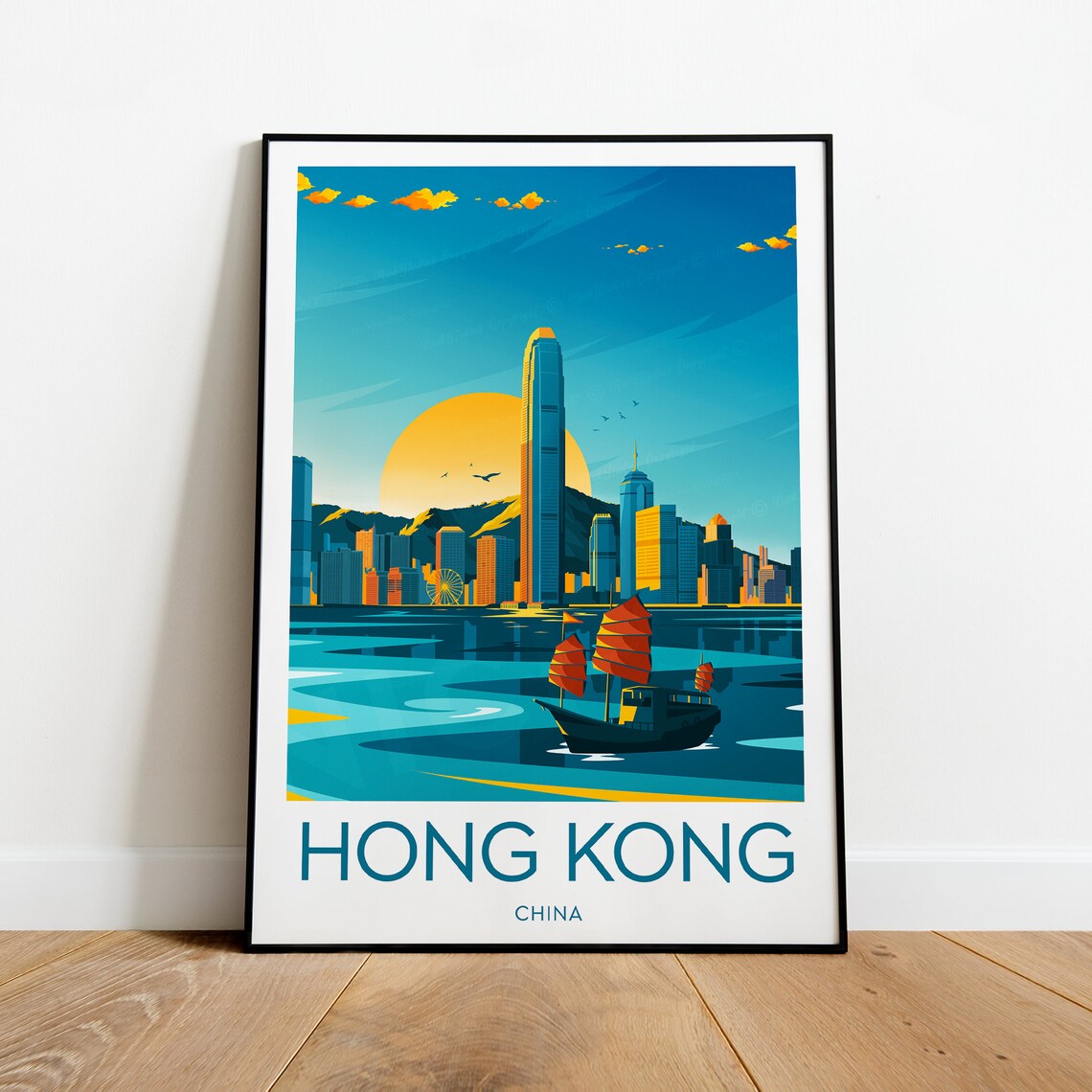 Hong Kong China Junk Boat Sunset Victoria Harbor Travel Poster - Image 2