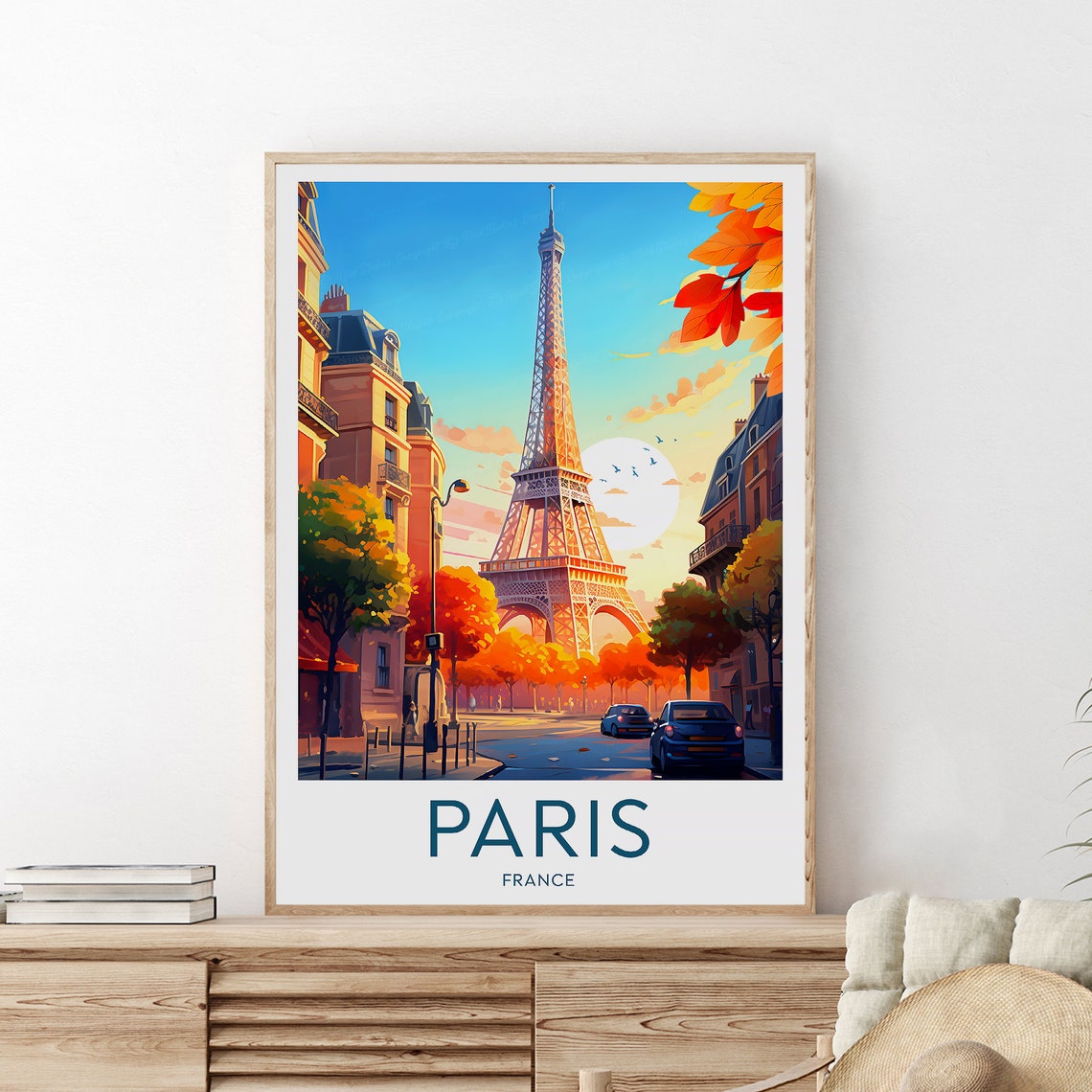 Paris Eiffel Tower Autumn Street Scene Sunset Glow Travel Poster