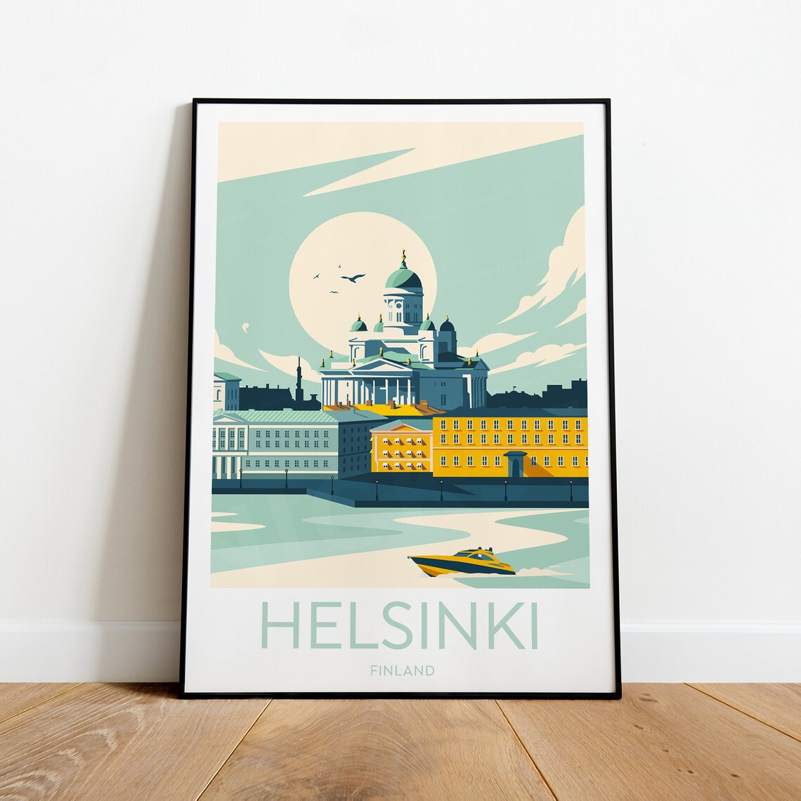 Helsinki Finland Cathedral and Harbor Boat Vintage Travel Poster - Image 2