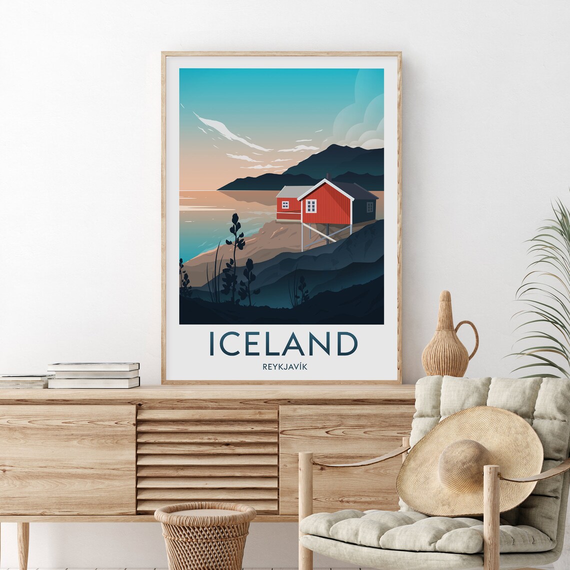 Iceland Reykjavik Red Cabin Fjord Twilight Nordic Travel Poster