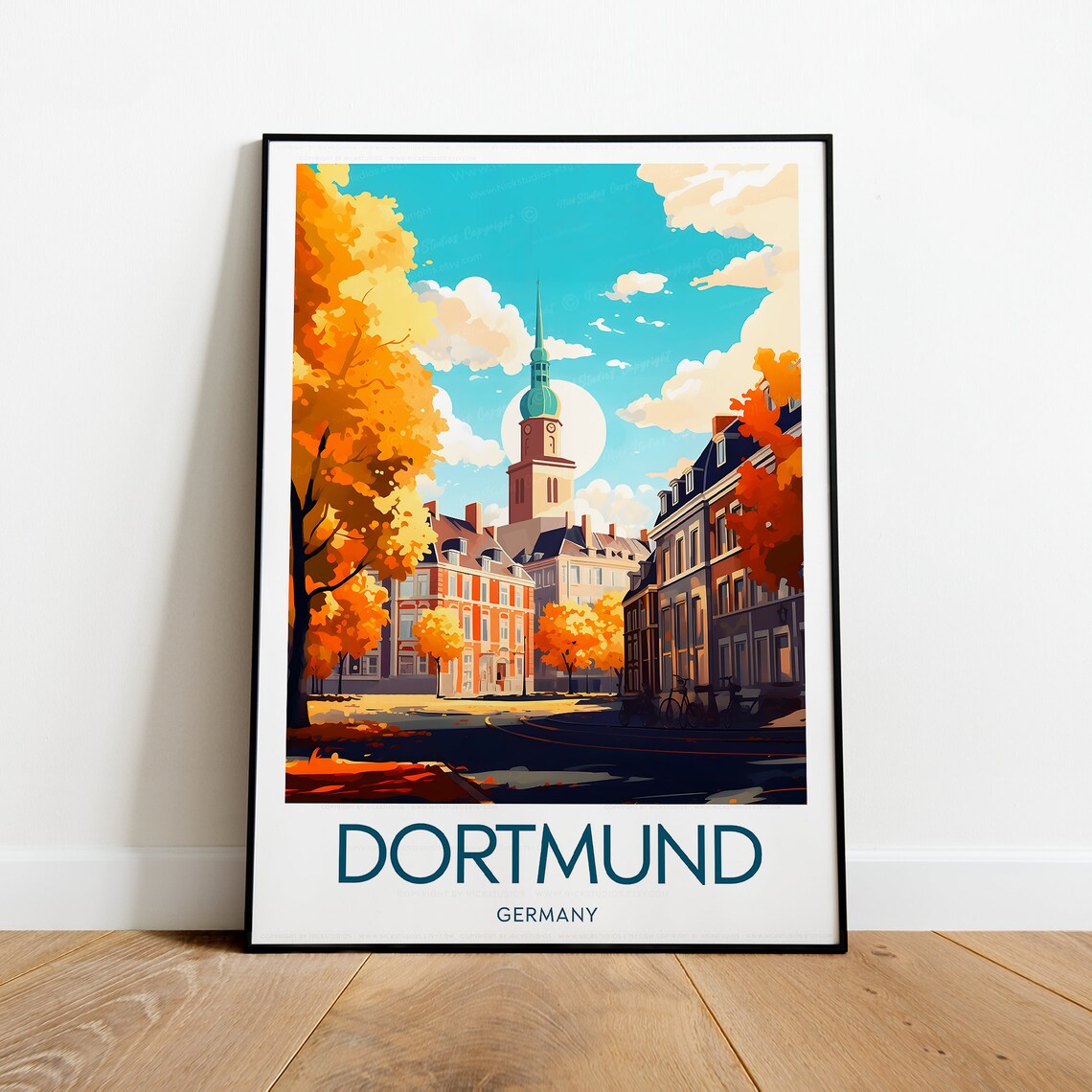 Dortmund Germany Autumn Street Old Church Tower Vintage Travel Poster
