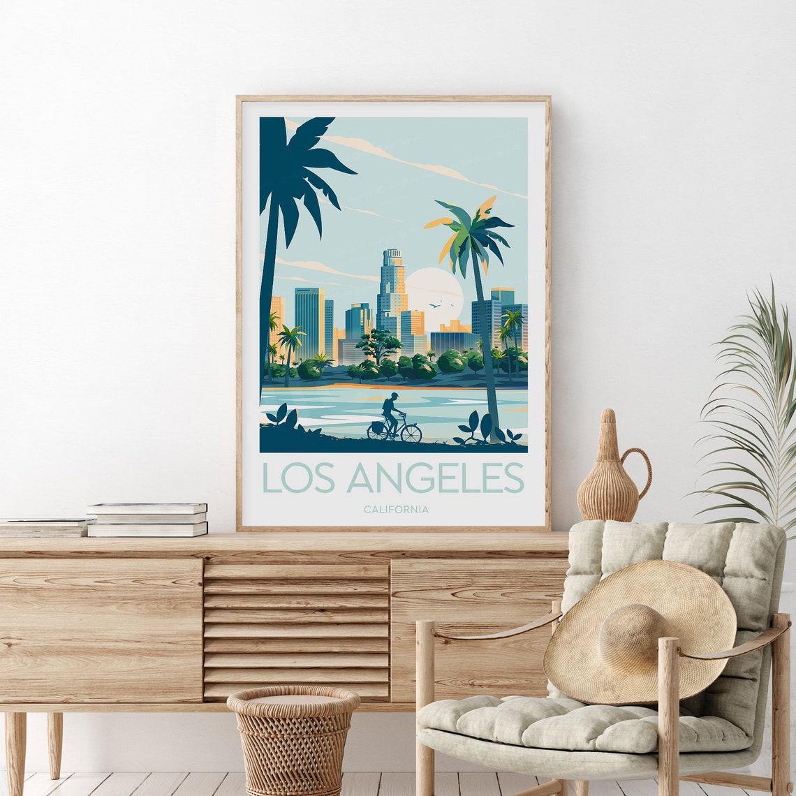 Los Angeles California Cyclist Lakeside Palm Tree Skyline Poster - Image 2